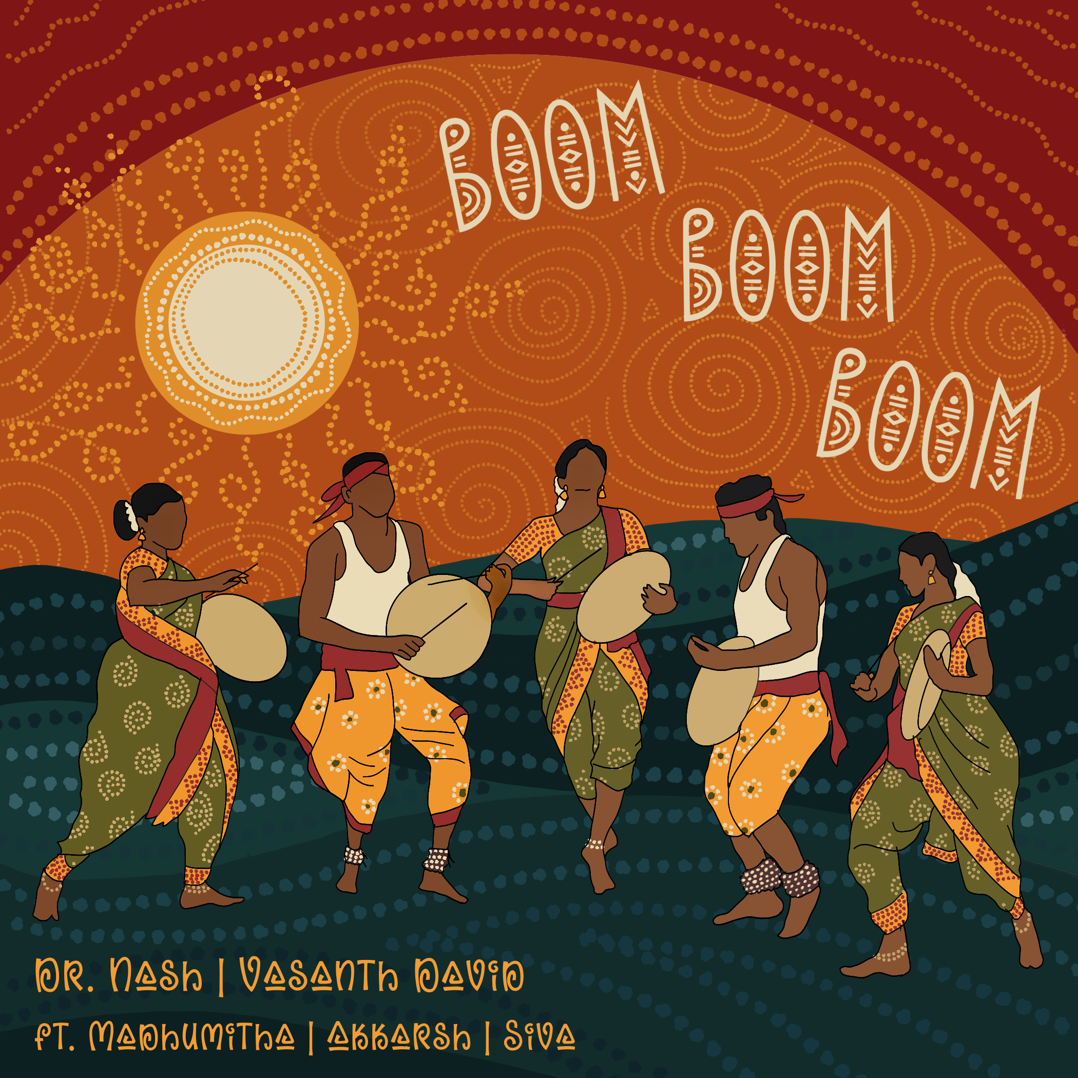 Illustration of five dancers in traditional attire playing percussion instruments against a colorful sunset background with swirling patterns and the text 'BOOM BOOM BOOM'.