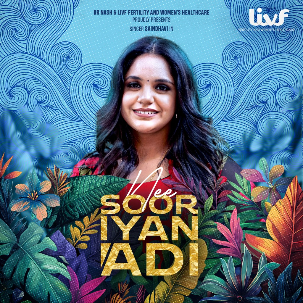 Album cover for 'Nee Sooriyanadi' featuring singer Saindhavi, surrounded by tropical leaves and a blue background.